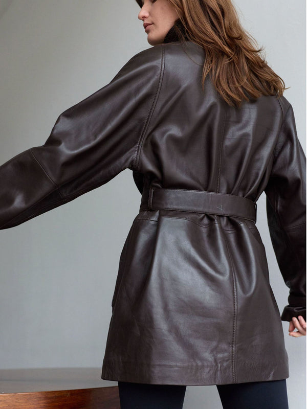 SKYLER LEATHER COAT - BROWN