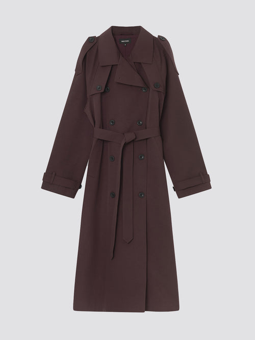 MEOTINE burgunder trenchcoat med belte og klassisk design, perfekt for stilige anledninger.