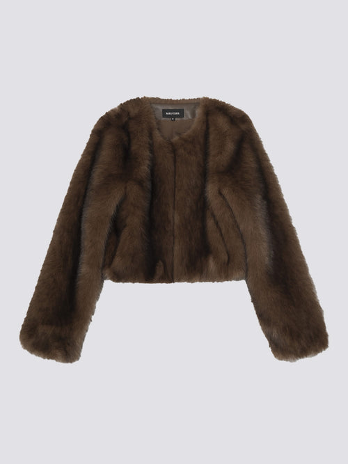 Klassisk brun faux fur jakke fra MEOTINE, perfekt for stilige og varme antrekk.